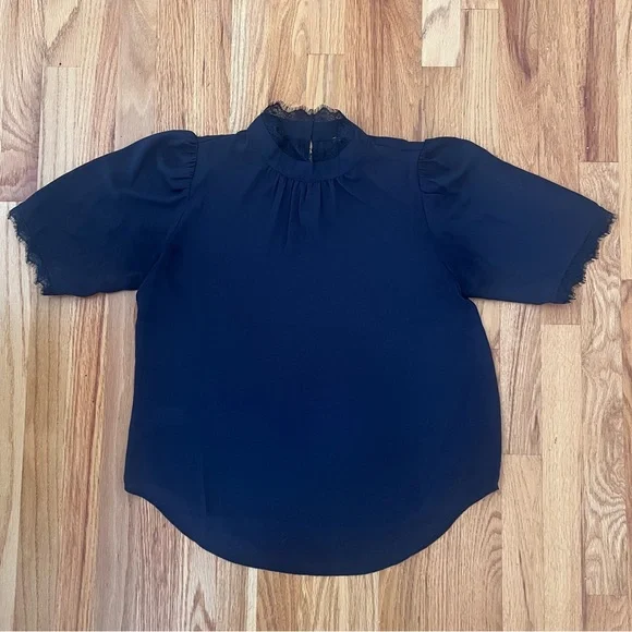 Ann Taylor Navy Blue Lace Trim Blouse – Size Small - Picture 2 of 11
